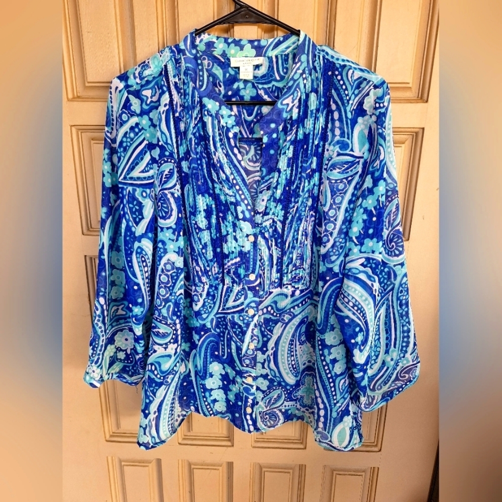 Retro Charter Club Plus Sz1X Blue Paisley Women's Top Buttons MiniPleats Nice